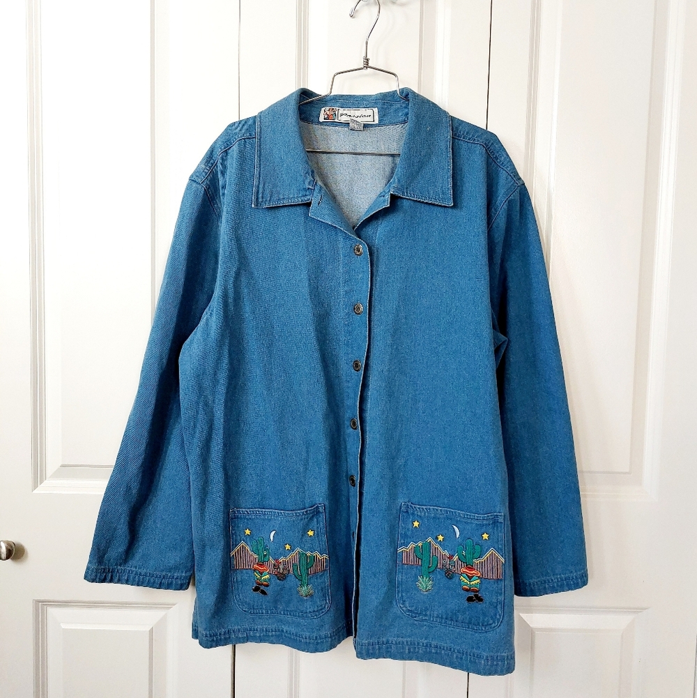Southwestern‎ Cactus & Desert Denim Chore Jacket 1X Passion Vintage 90s Barn